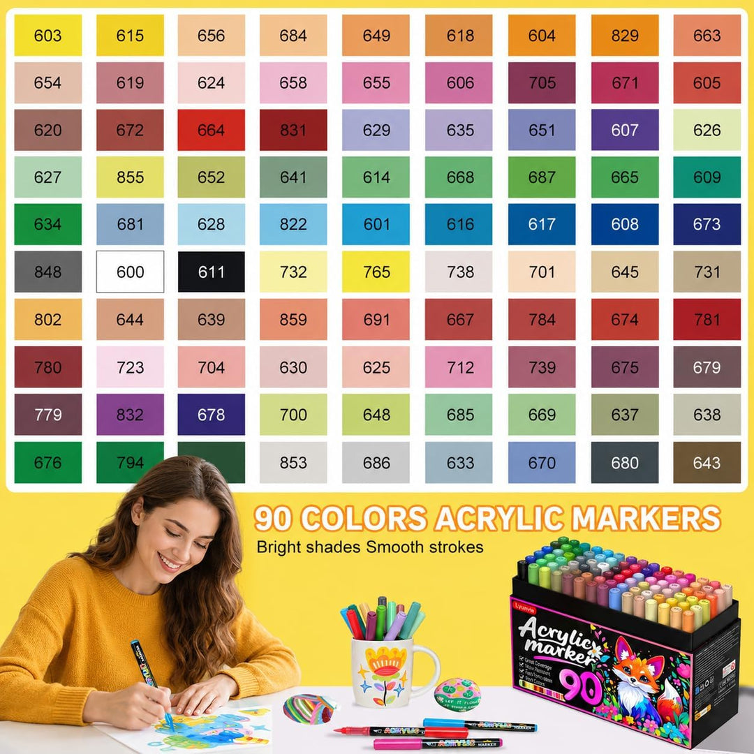 Lyuvie 90 Farben Acrylstifte für Steine WasserfestSet, Permanente Acrylic Paint Brush Marker Acrylst
