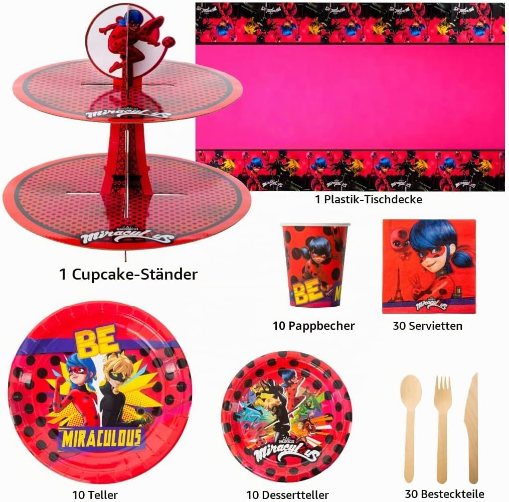 Miraculous Ladybug Feier-Set - Geburtstags-Kit für Kleinkinder - Über 100 Teile - Cat Noir - Partyar