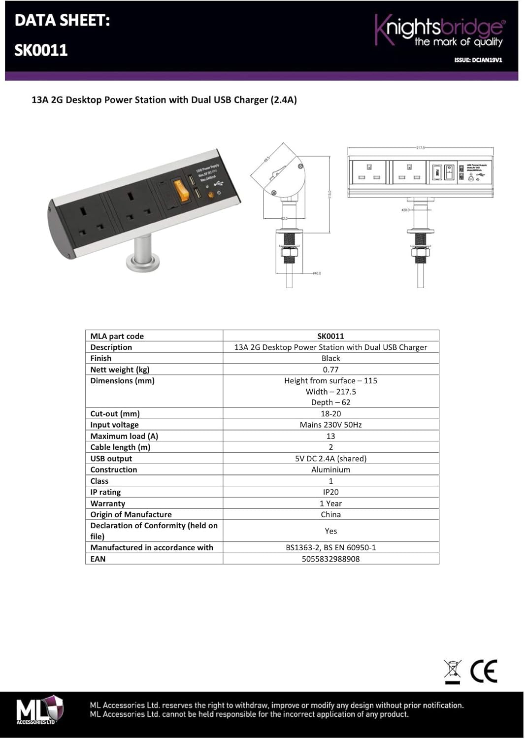 Vertikale Kraftstation, Twin socket with USB, Schwarz, 1 Raised - Stil 1, Raised - Stil 1