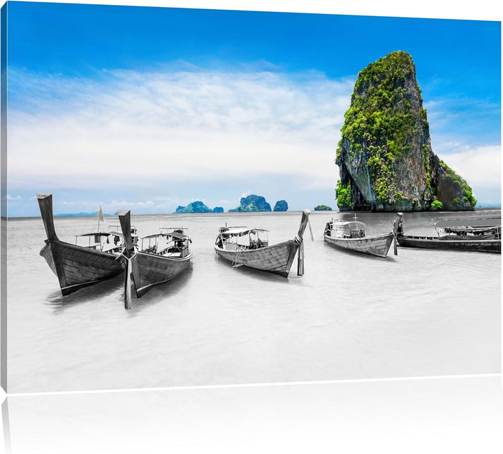 schöne Boote im Pazifik schwarz/weiss Format: 100x70 auf Leinwand, XXL riesige Bilder fertig gerahmt