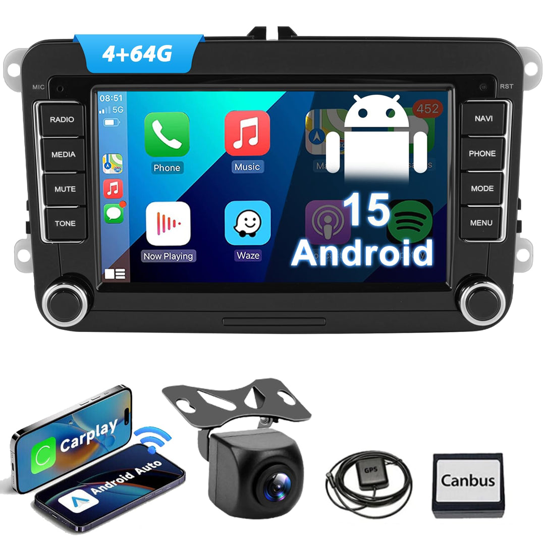ESSGOO 4+64G Android 15 Autoradio CarPlay und Android Auto Für VW Caddy Golf MK5 6 Polo Passat Seat