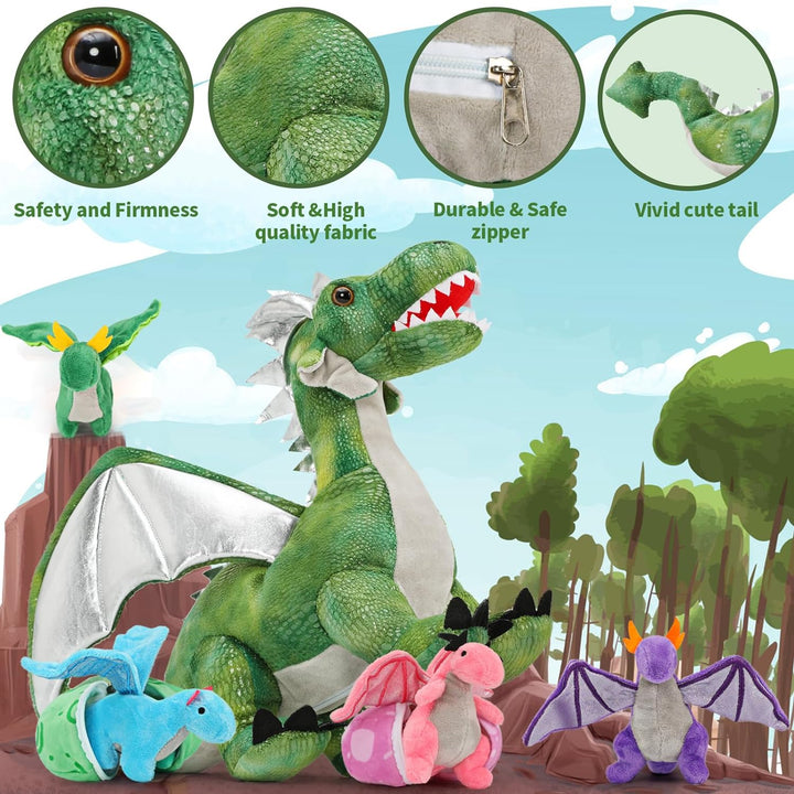 MorisMos 55cm Stehend Drache Kuscheltier mit Baby im Bauch, Grün Gross Plüschdrache Kuscheltiere XXL