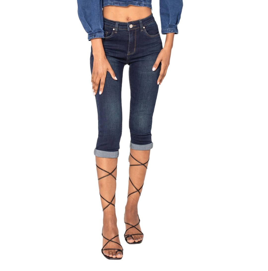 Nina Carter P132 Damen Capri Skinny Fit Jeanshosen HIGH Waist Jeans Used-Look Waschungseffekt M Dunk