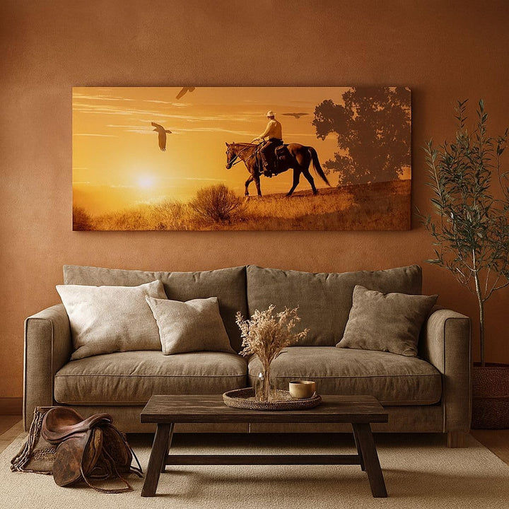 Wandbilder Dekoration Wohnzimmer Pferd Cowboy Bauernhof Reiten Panorama Bilder auf Leinwand 120x50cm