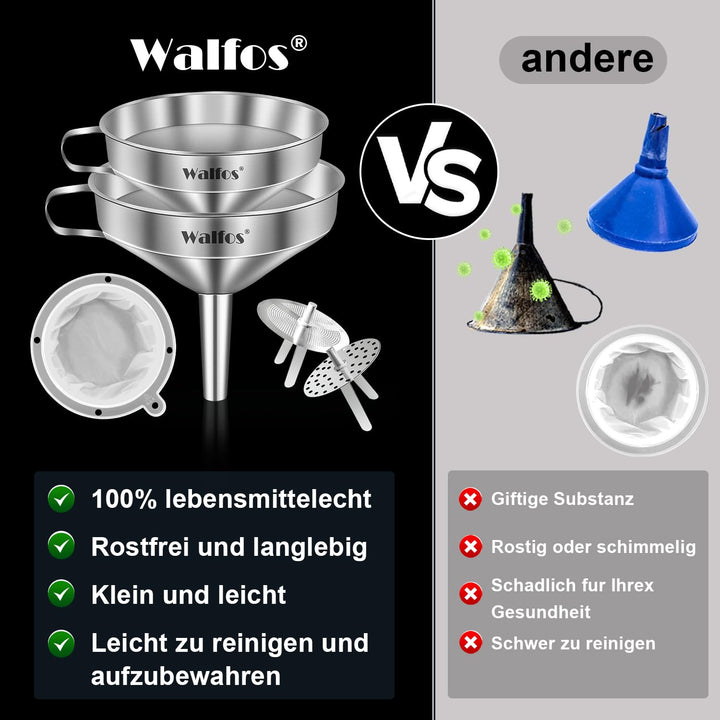 Walfos Trichter aus Edelstahl und 200 Mesh Filter Jam Straining mit 2 abnehmbaren Sieben ＆ 1Pc Reini