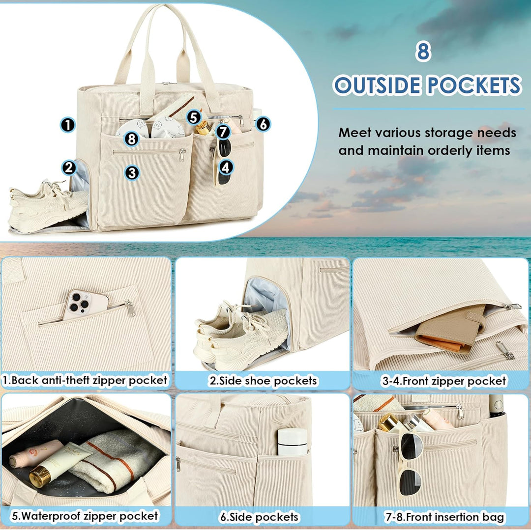 Makukke Strandtasche XXL, Cord Weekender Damen mit Schuhfach, Gross Faltbar Badetasche mit Reissvers