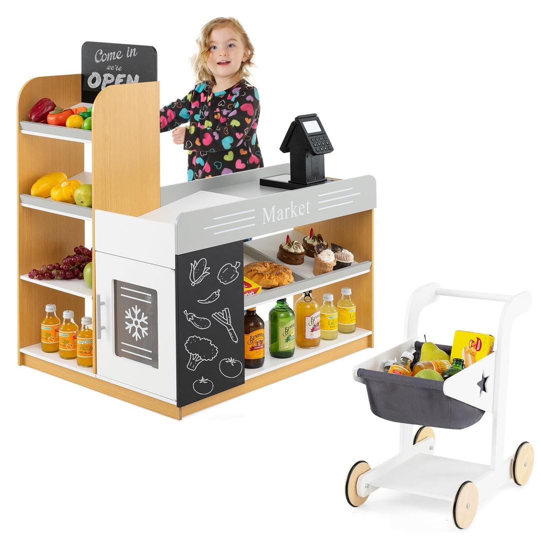 GOPLUS Kaufladen mit Einkaufswagen, Kaufmannsladen mit Kasse & 2 Tafel, Einkaufsladen Kinder mit ink