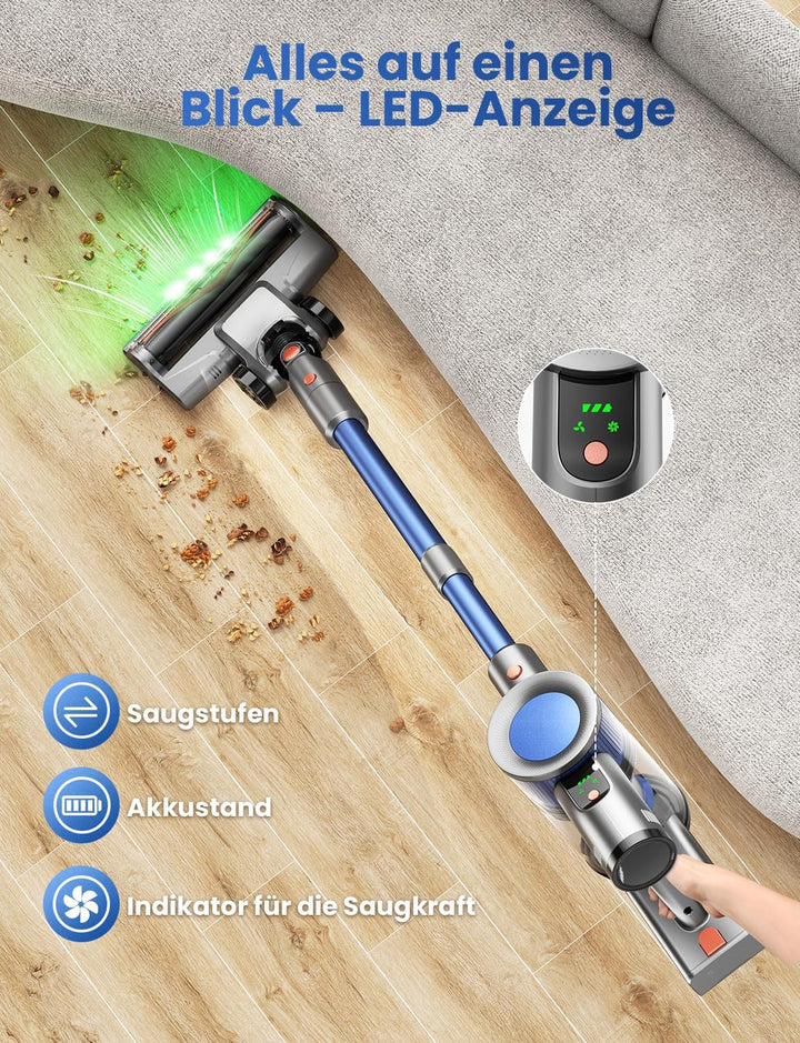 Dzaki Akku Staubsauger Kabellos 50.000 Pa, 55 Min. Laufzeit, Selbststehend, Touch Display, Anti-Tang