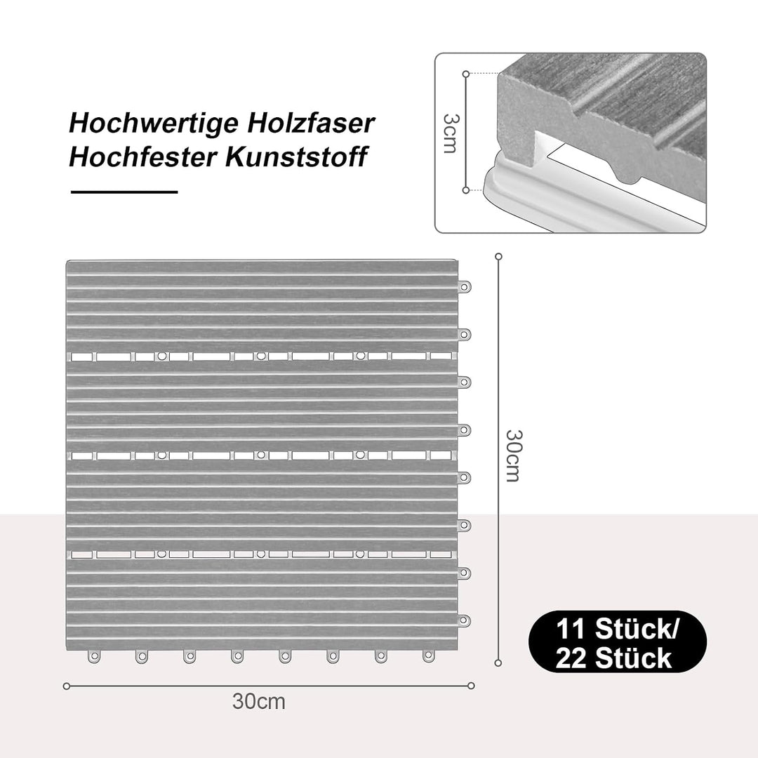 Laneetal WPC Fliesen 11er Set für 1 m², für Aussen Terrasse Balkon, Terrassenfliesen Klicksystem 30x