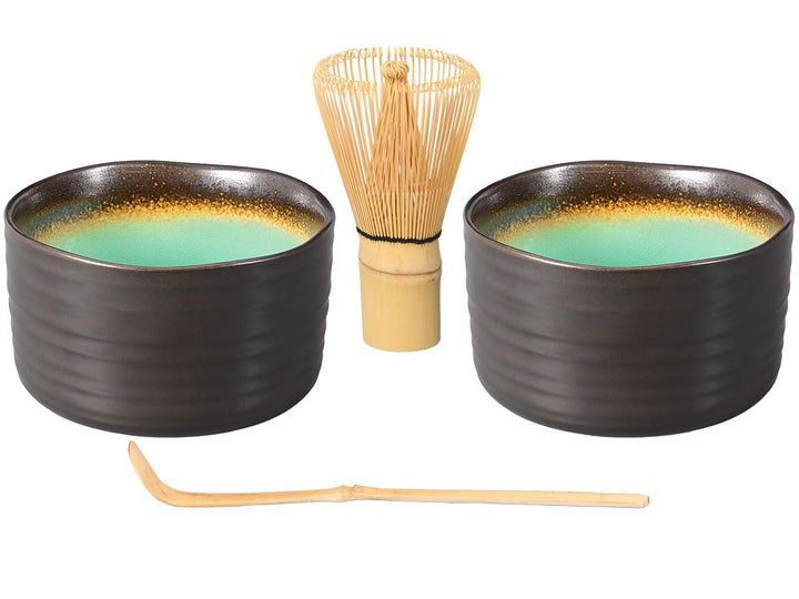 Matcha-Set 4-teilig, bestehend aus 2 Matchaschalen anthrazit/türkis mit Craquelé-Muster, Matchalöffe