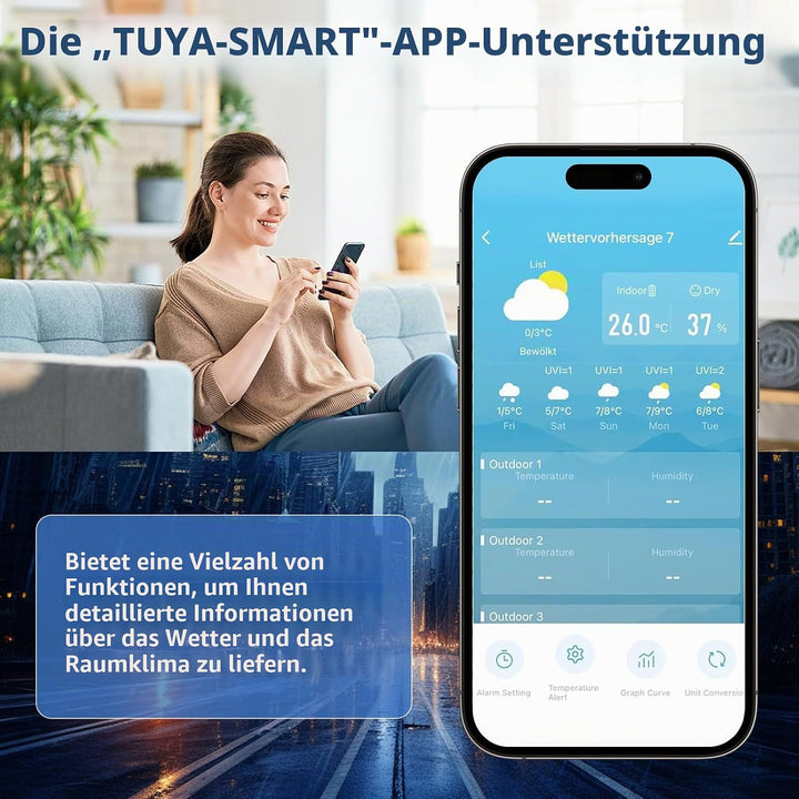 Wetterstation Wlan,Mit Aussensensor &amp; Wettervorhersage,Mit App Tuya Und Smartlife,Batteriebetrieb Un