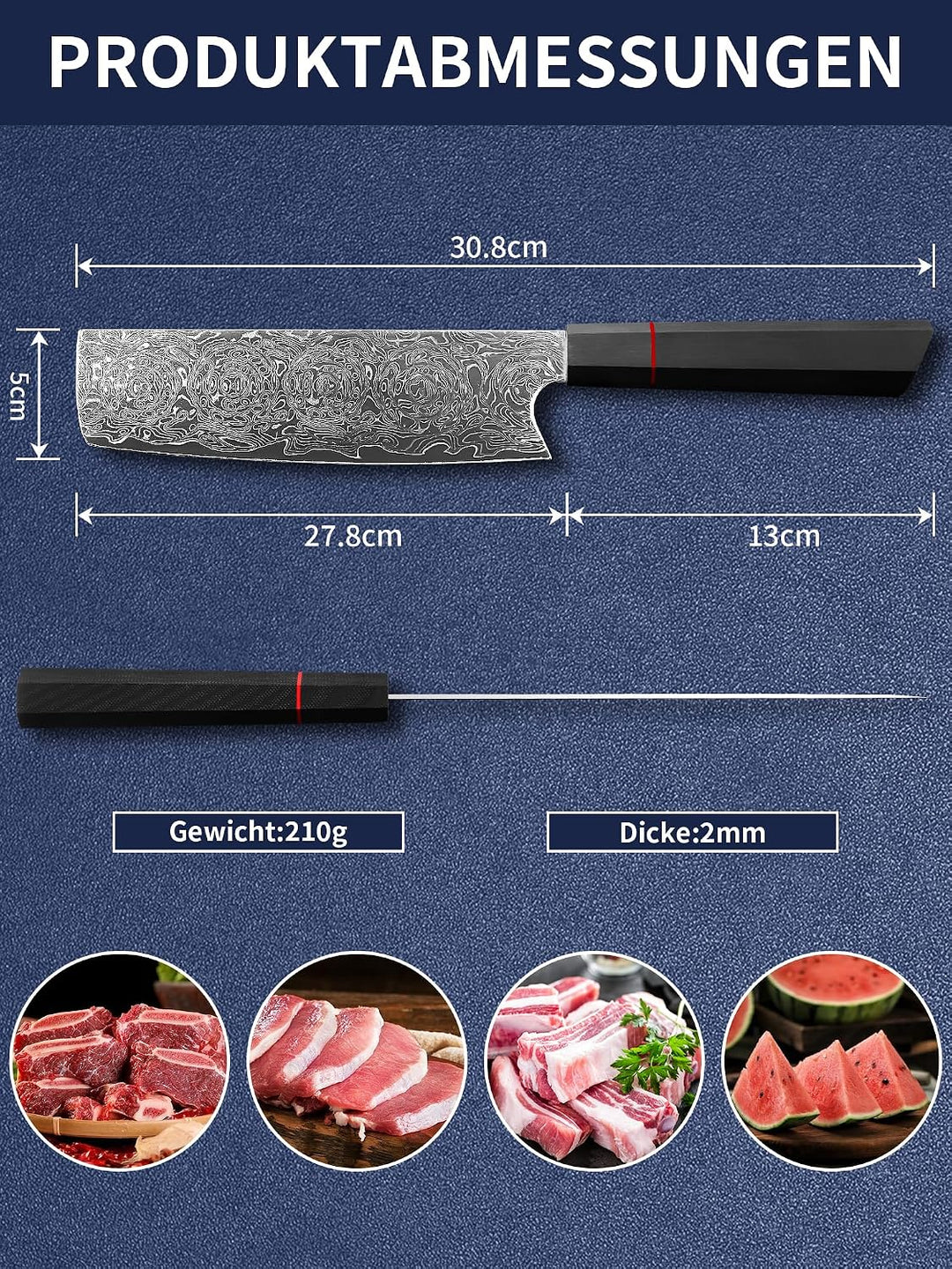 Plys 17cm Japanische Nakiri Damastmesser: Scharf Küchenmesser - Stahl Damast Messer Profi Japanische
