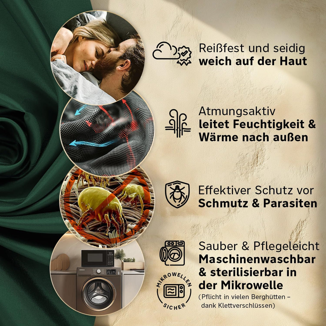 Hüttenschlafsack aus Mikrofaser oder Bio-Baumwolle (nur 230g / 380g) - Ultra leicht, klein und dünn.