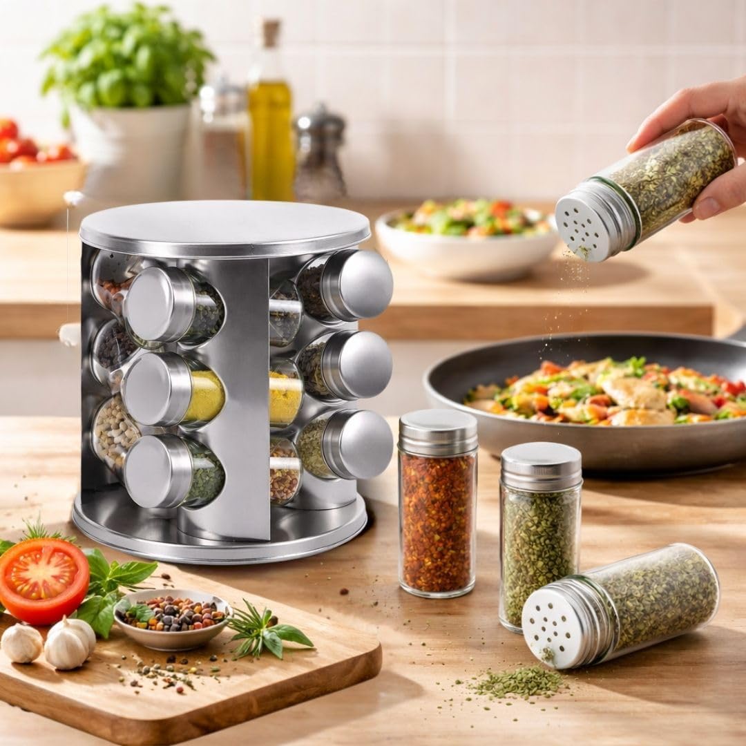 Gewürzregal Set- 12 Gewürzgläser Edelstahl - 360° drehbarer Gewürzständer für Küche -Gewürzkarussell