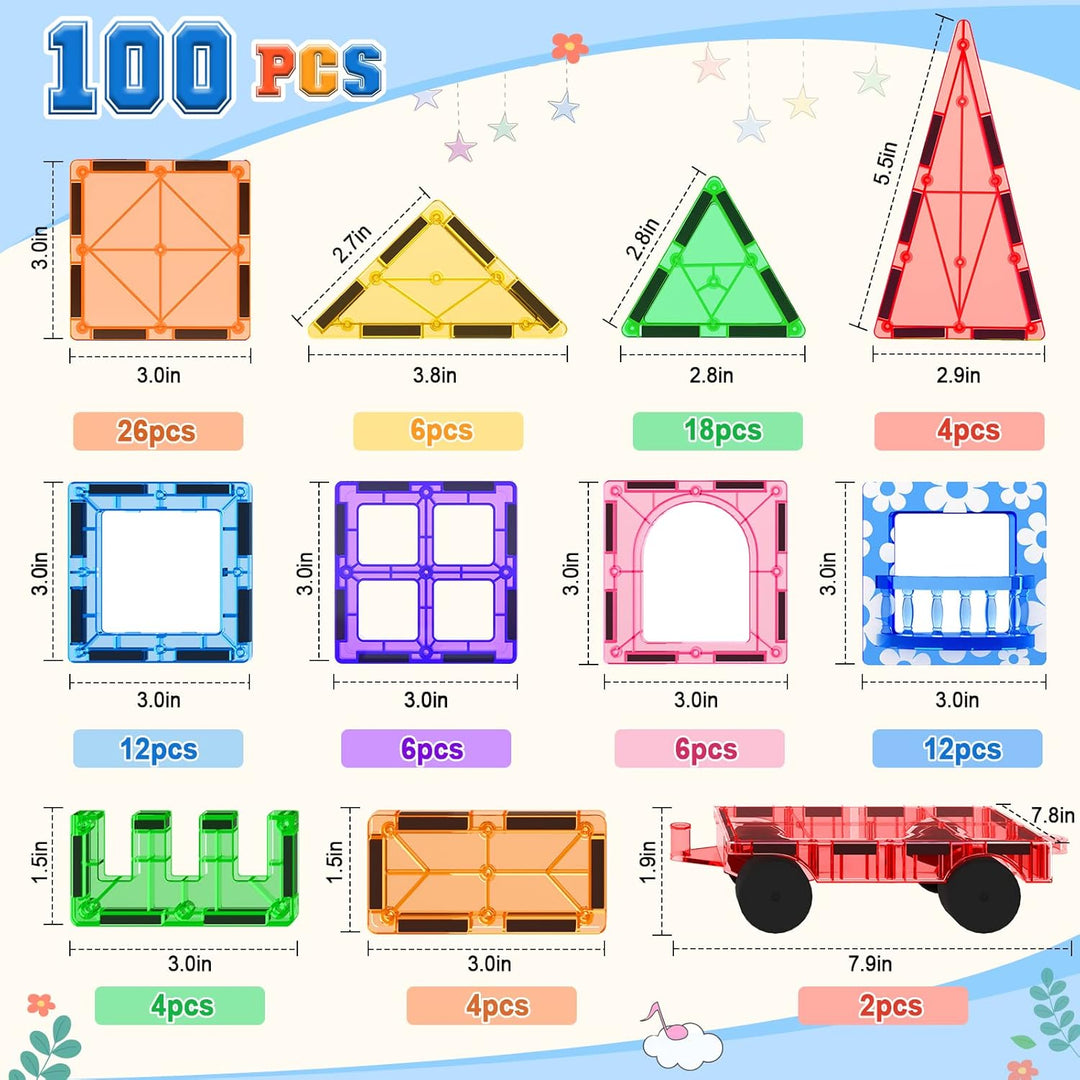 100 Magnetische Fliesen STEM Bauspielzeug mit 2 Autos, Sensorische Magnetische Bausteine für Kleinki