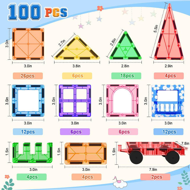 100 Magnetische Fliesen STEM Bauspielzeug mit 2 Autos, Sensorische Magnetische Bausteine für Kleinki