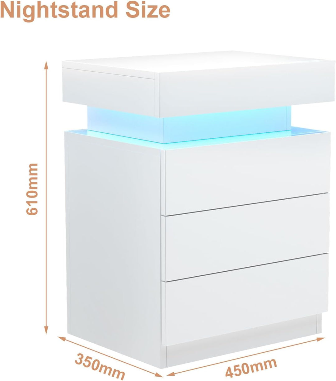 PIPIPOXER 2er Set Nachttisch LED mit 2 Schubladen, Nachttisch Weiss mit LED Licht, 16 Farben 2 Schub