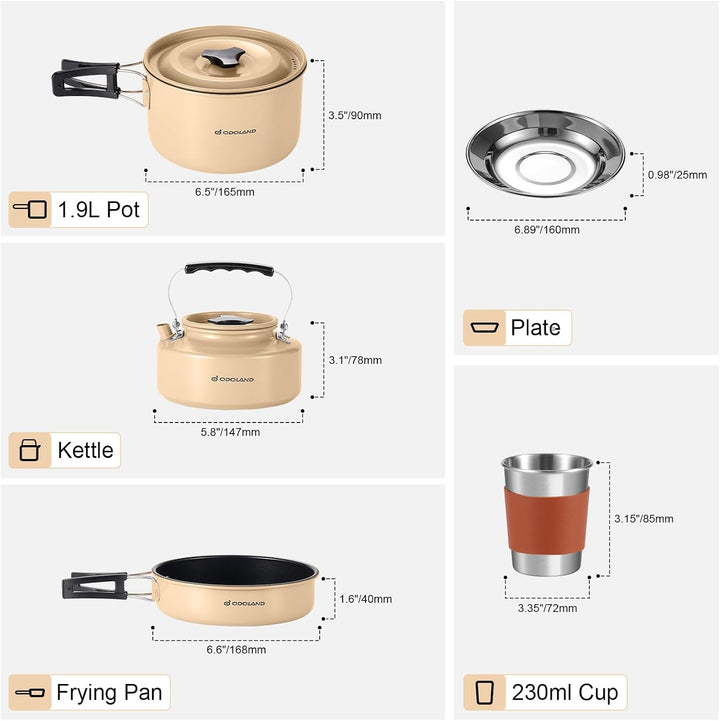 Odoland Camping Kochgeschirr Set Antihaft-Topf und Pfanne Set mit Wasserkocher, Edelstahl Utensilien