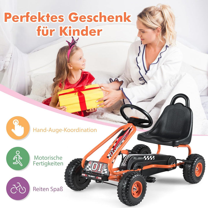 COSTWAY Gokart mit verstellbarem Sitz, Go Kart mit Handbremse, Tretauto bis 30 kg belastbar, Pedal G