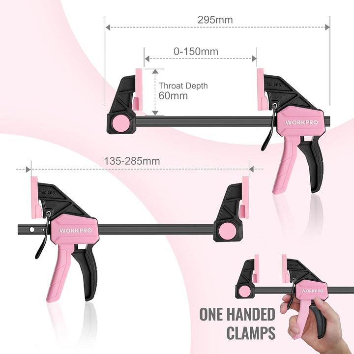 WORKPRO Rosa Einhandzwingen Set 2 Stück Schraubzwingen Spanner, Spannweite 150 mm Dehnbereich 135mm