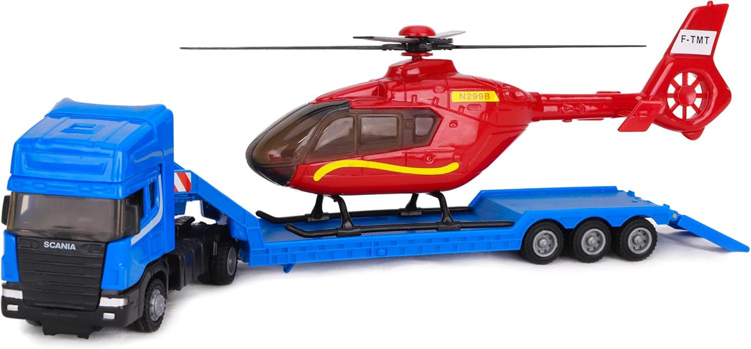 Toyland® Scania Pritschenschlepper mit Hubschrauber - Massstab 1:48 - Freilauf - Transportspielzeugs