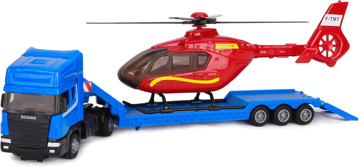 Toyland® Scania Pritschenschlepper mit Hubschrauber - Massstab 1:48 - Freilauf - Transportspielzeugs