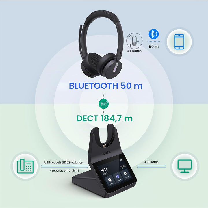 Yealink WH64 Pro DECT &amp; Bluetooth Wireless Headset, 3.5" Touchscreen, Teams,UC,Zoom Dual On Ear Head