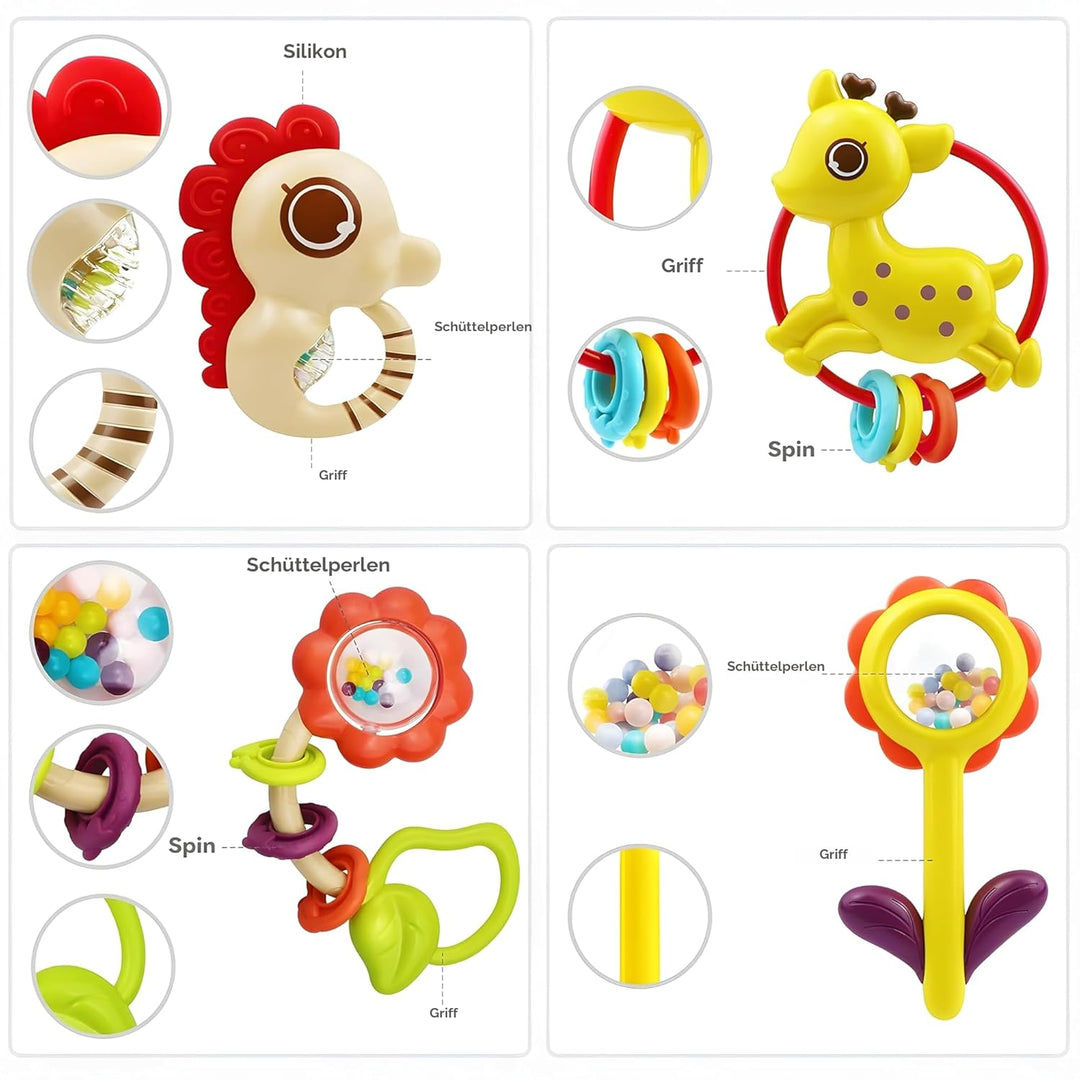 MOONTOY Baby Rassel BeissRing Set Baby Spielzeug ab 0 1 2 3 4 5 6 7 8 9 10 11 12 Monate, 12PCS Shake