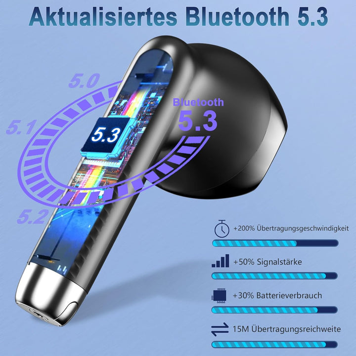 Bluetooth 5.3 Kopfhörer, In Ear Kopfhörer Kabellos mit 4 Mic, 48H Tiefer Bass Spielzeit Wireless Ear