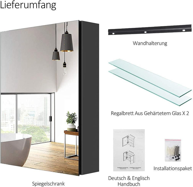 EMKE Spiegelschränke 50x65cm Spiegelschrank Badschrank mit Doppelseitiger Spiegel (Grau) Grau 50 x 6