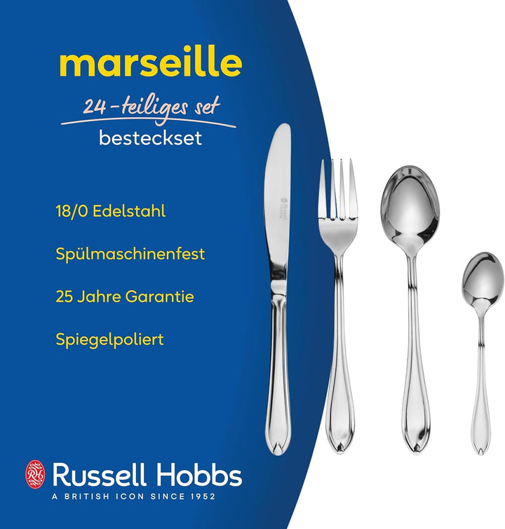 Russell Hobbs RH02224EU7 Marseille Besteckset 6 Personen, 24 teilig Besteck inkl Messer, Gabel, Dess