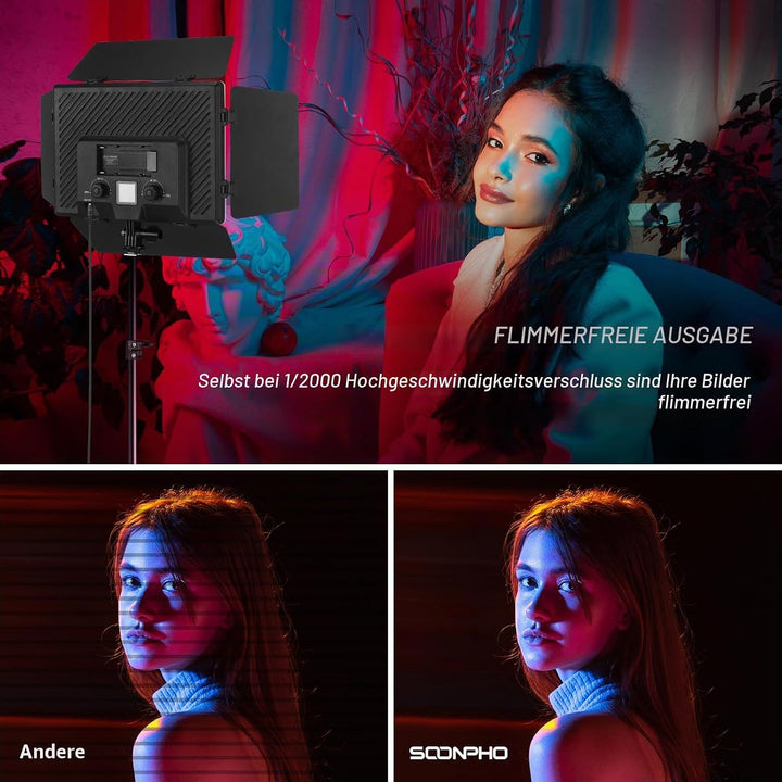 Soonpho 2-Pack RGB LED VideoLicht Set Panel Videoleuchte Barn Door 2500–8500K Dimmbare 20W Light Fot