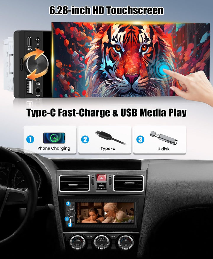 CAMECHO 6.28 Zoll HD Touchscreen Autoradio mit Drahtlos CarPlay Android Auto,1 Din Carplay Radio mit