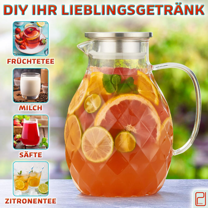 Karaffe aus Borosilikatglas mit Deckel und Ausgiesser - Glaskaraffe mit einzigartigem Rautenmuster f
