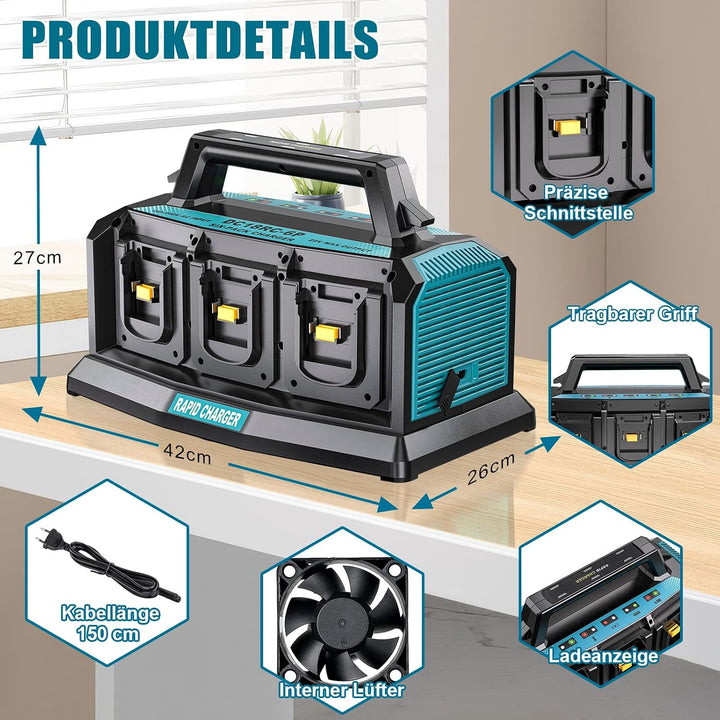 YEX-BUR 6-Ports Ladegerät für Makita 14,4v-18v Akku (Li-Ion, gleichzeitiges Laden von 6 x 18V Akkus,