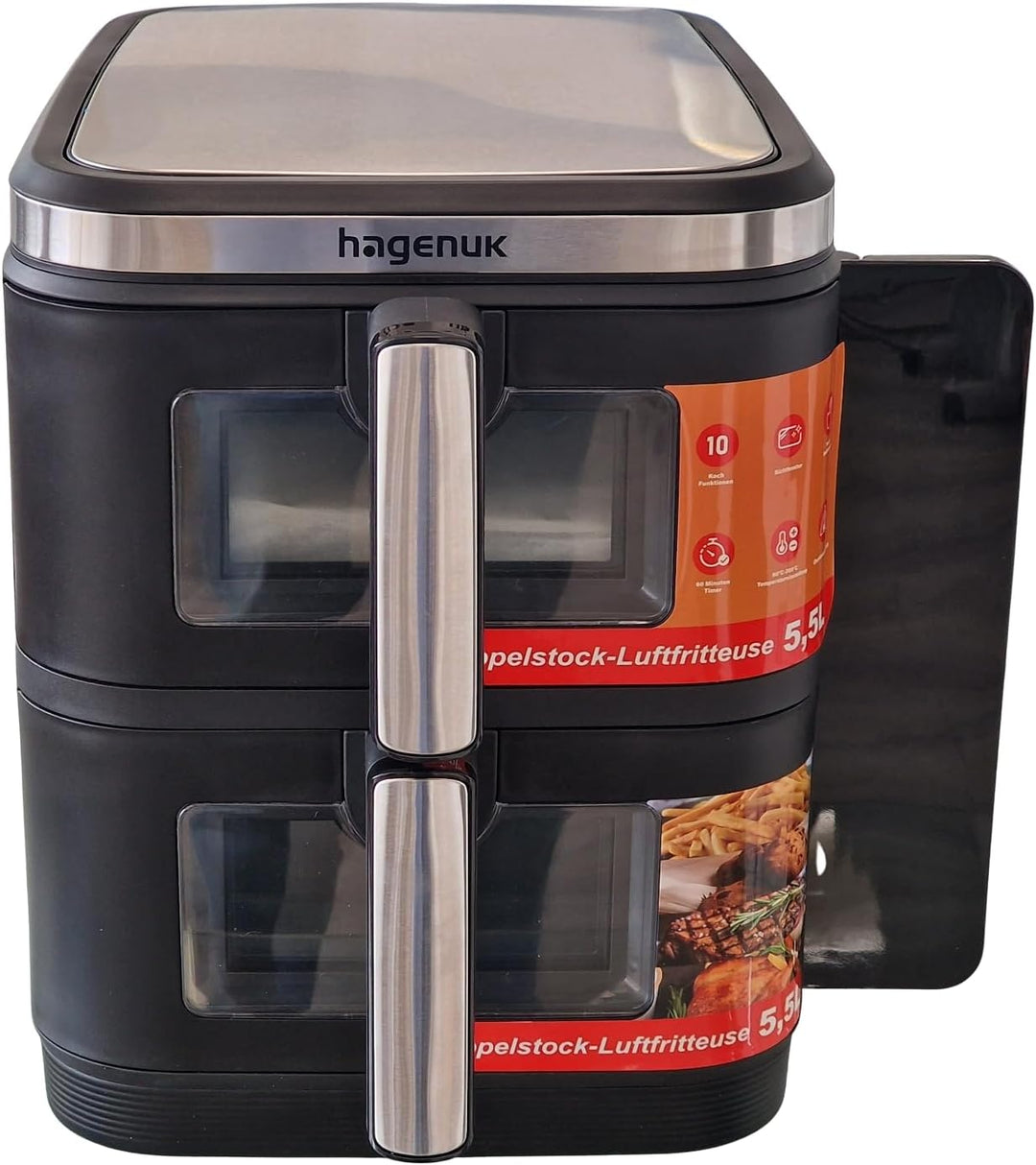 Premium Doppel-Heissluftfritteuse 2×5,5L mit Sichtfenster, 10 Programmen, Grill-Einsatz, Touchdispla