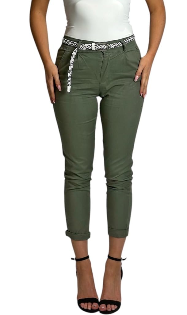 Mississhop Damen Baumwolle Klassische Chino Hose mit Gürtel XL Oliv, XL Oliv