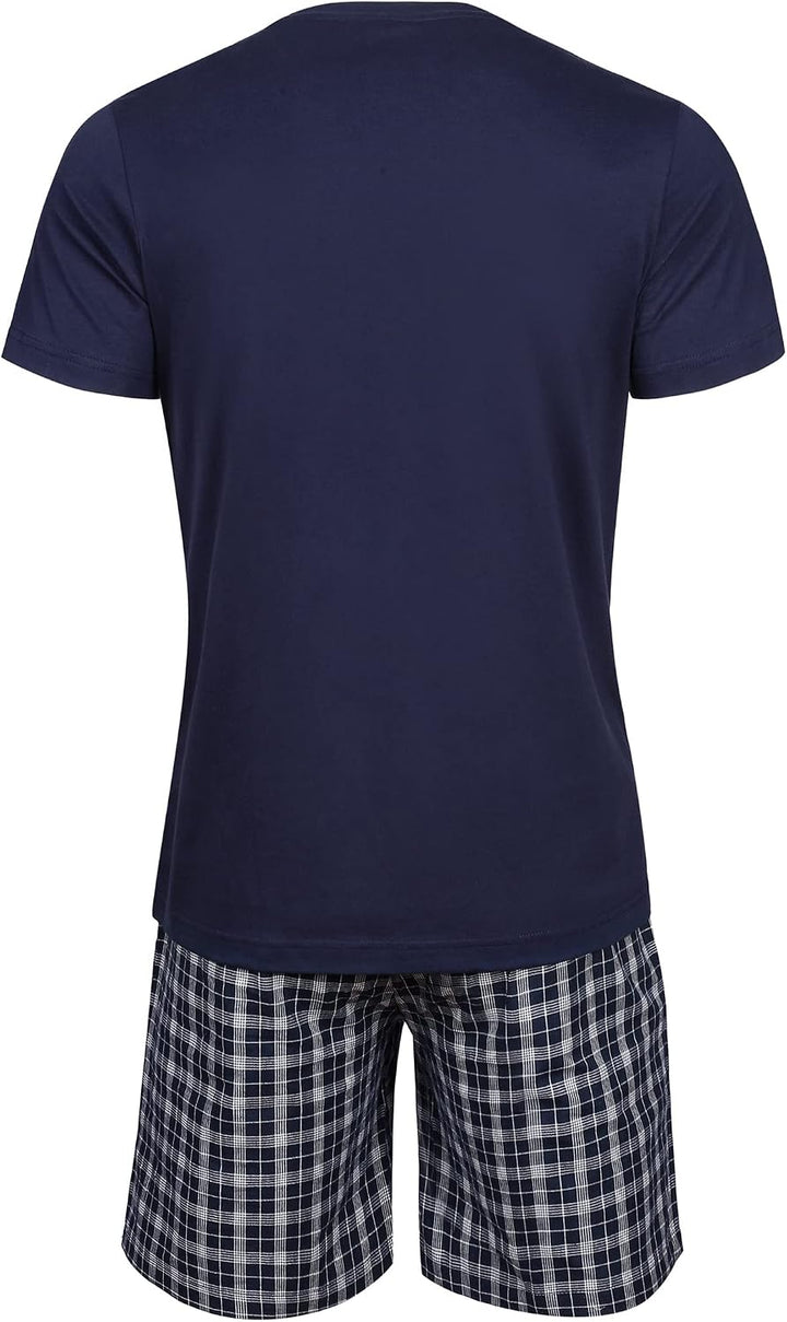 Schlafanzug Herren Kurz Pyjama 100% Baumwolle Kurzarm Nachtwäsche Nightwear Set mit Rundhals Design