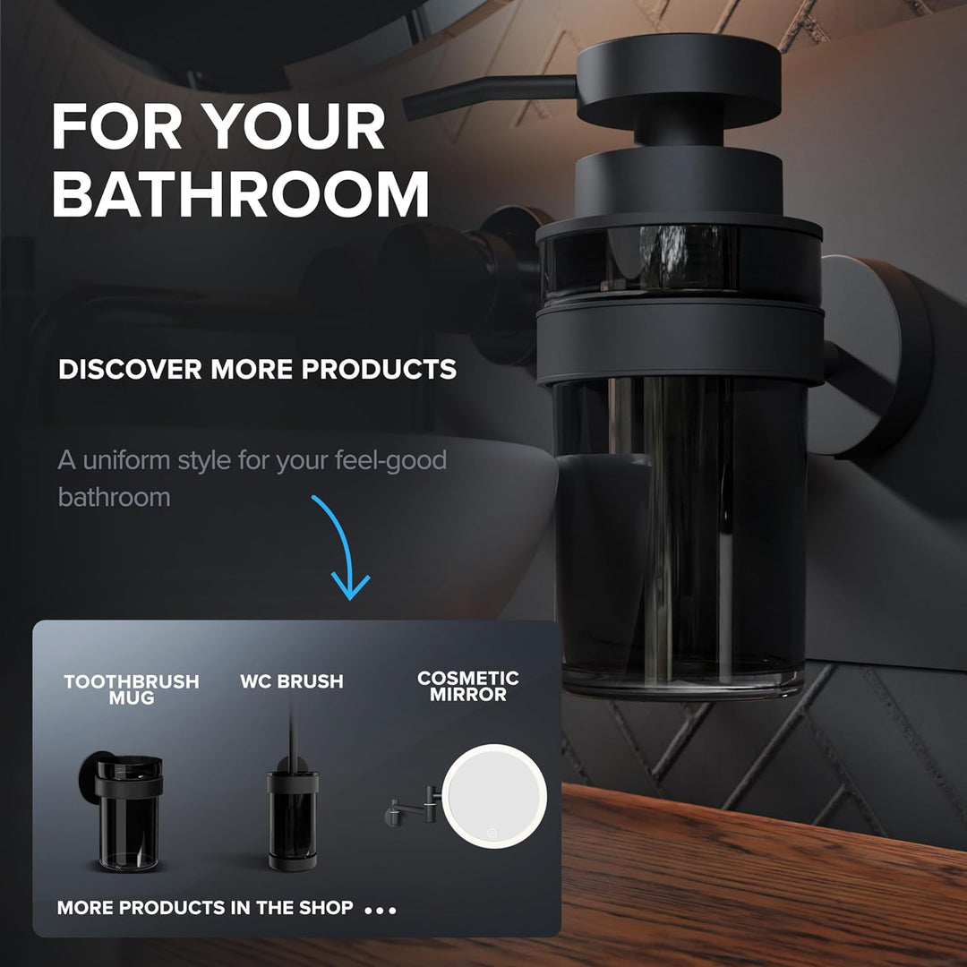 ovimar Seifenspender Lokta | schwarz | mit Wandmontage zum Bohren | aus Edelstahl und schwarzem Glas