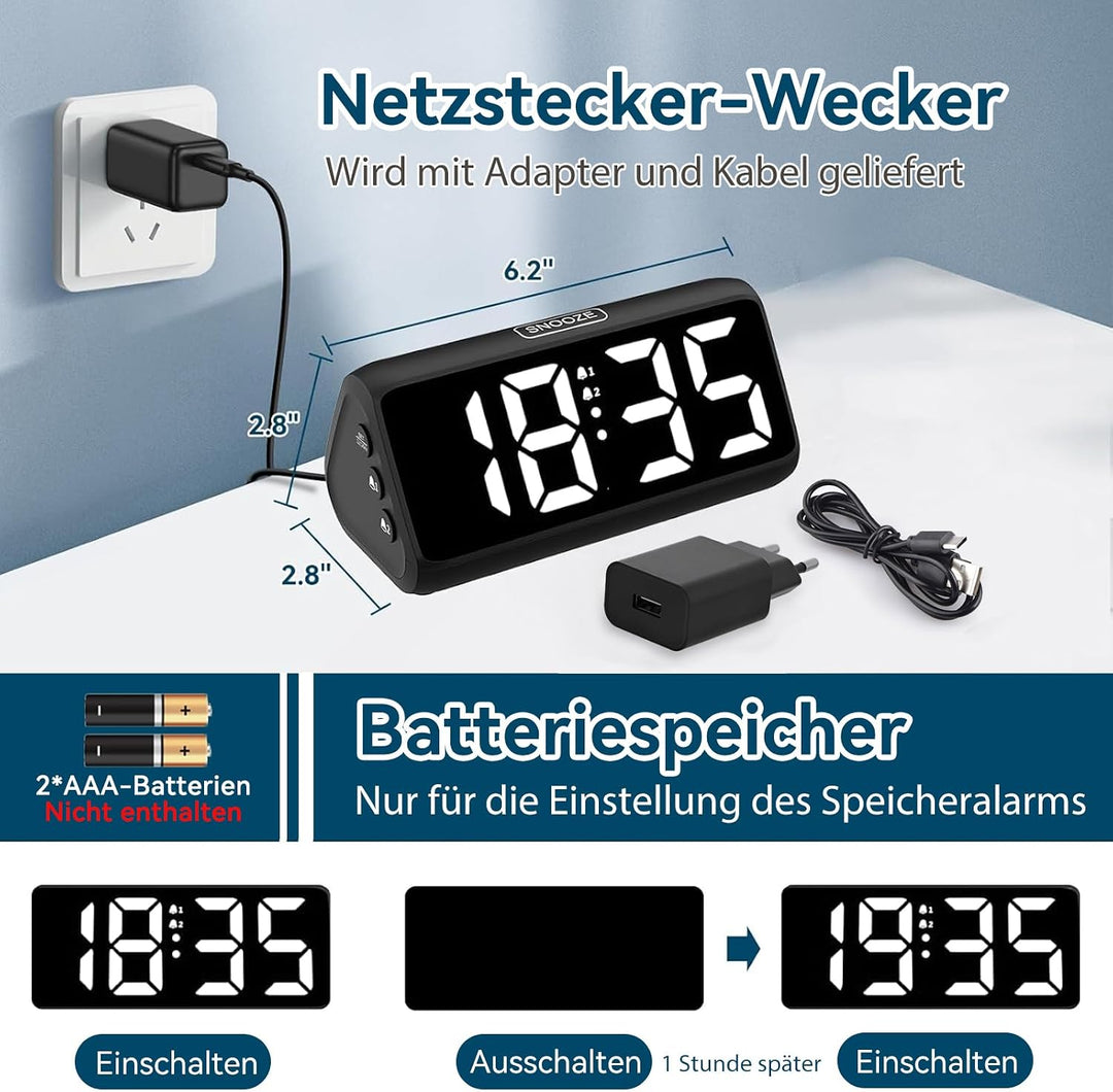 Netzu Lauter Wecker für Tiefschläfer, Digitalwecker mit LED Display, Doppelalarm, 5 Helligkeitsdimme