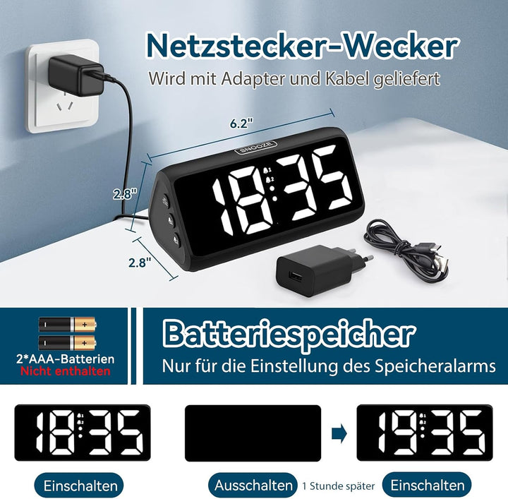 Netzu Lauter Wecker für Tiefschläfer, Digitalwecker mit LED Display, Doppelalarm, 5 Helligkeitsdimme