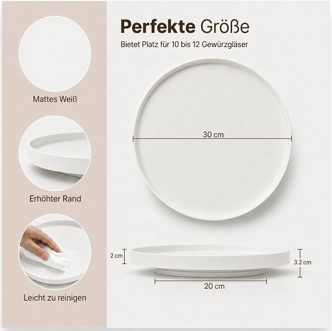 2X Deko Tablett Rund 30cm &amp; 2X 360° Drehteller Weiss Organizer, Weiss