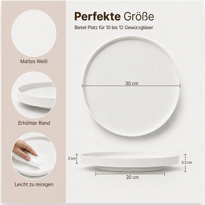2X Deko Tablett Rund 30cm &amp; 2X 360° Drehteller Weiss Organizer, Weiss