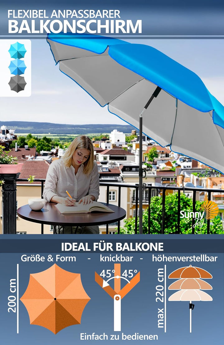 4smile Sonnenschirm Balkon SunnyJoy Ø 200 cm, 3-IN-1 Set - UPF 50+ Balkon Schirm + Sonnenschirmhalte
