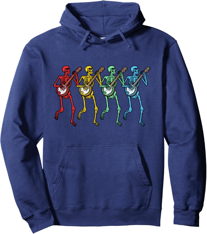 Retro Tanzende Regenbogenskelette & Banjos Vintage Grafik Pullover Hoodie