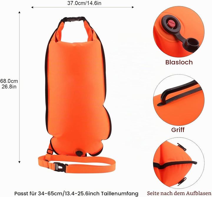 Schwimmboje, 20L Trockensack, Zwei Kammern, Aufblasbare Schwimmhilfe mit Wasserdichter Handytasche,