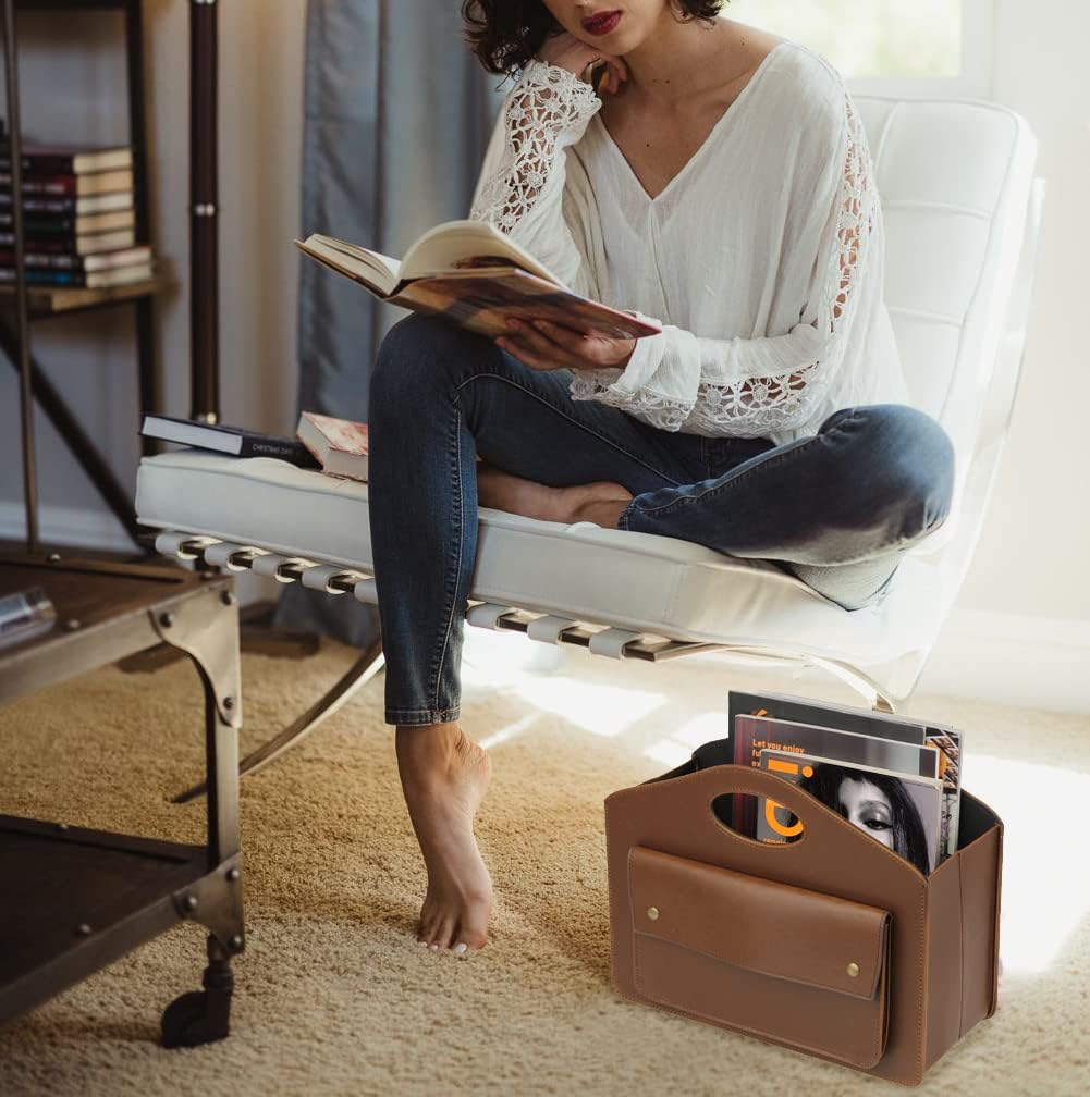 HofferRuffer Leder Zeitschriftenhalter mit Griff, Faltbarer Zeitungshalter mit Kleiner Vordertasche,