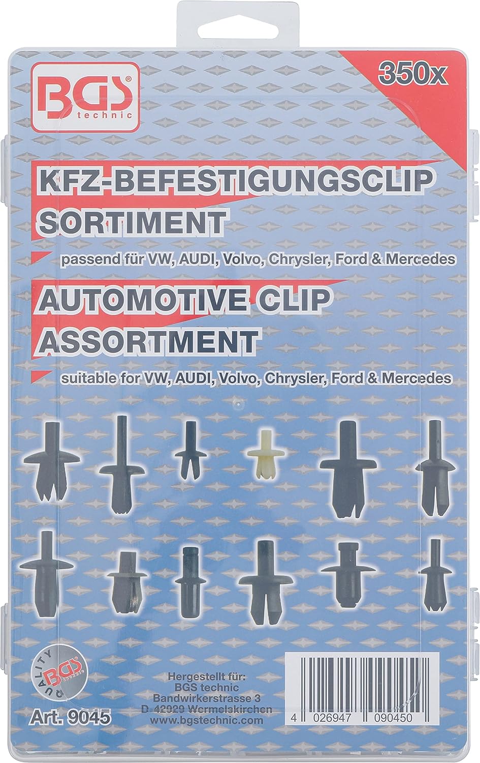 BGS 9045 | Kfz-Befestigungsclip-Sortiment für VW, Audi, Volvo, Chrysler, Ford, Mercedes-Benz | 350-t