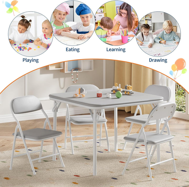 Kinder-Klapptisch-Set mit 4 weich gepolsterten Stühlen, Metallgestell, ideal für Studium, Aktivität,