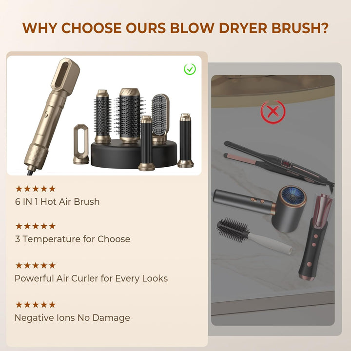 Airstyler Warmluftbürste Set für Alle Haartypen, Hair Styler set 6 in 1 mit Haartrockner Föhn,Luftst
